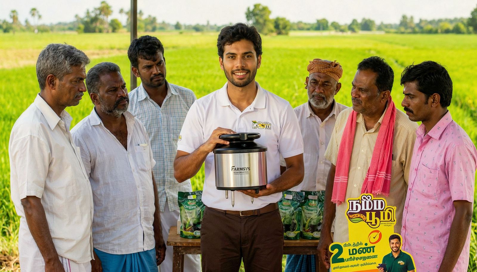 Stylized illustration of a Namma Bhoomi VLE demonstrating a soil test to farmers in the field